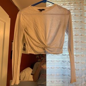 White long sleeve crop top knot in front
